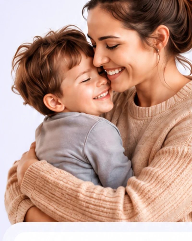 A mother holding her young child in a warm, calm embrace
